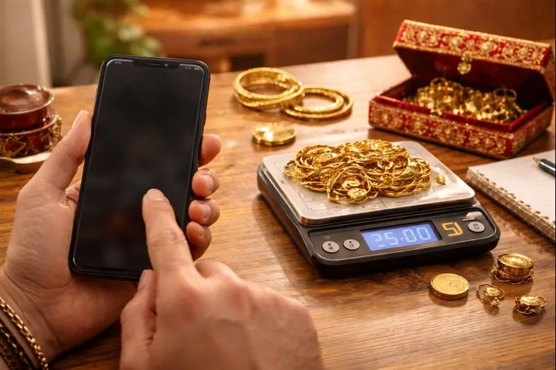 Weighing gold jewelry on a scale, using a phone. Gold calculator India concept image.