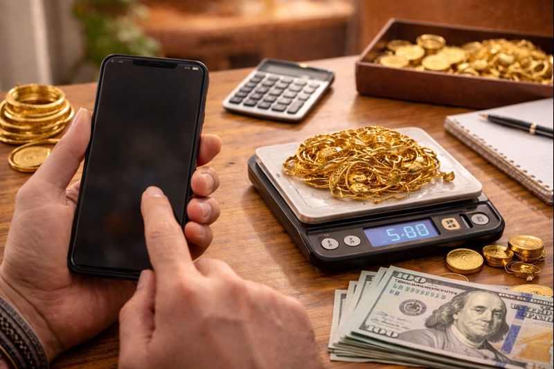 Calculating gold value in the USA with a calculator and scale.