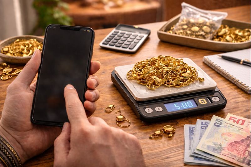 Weighing gold jewelry on a scale, with a calculator and cash nearby. Gold calculator UK context.