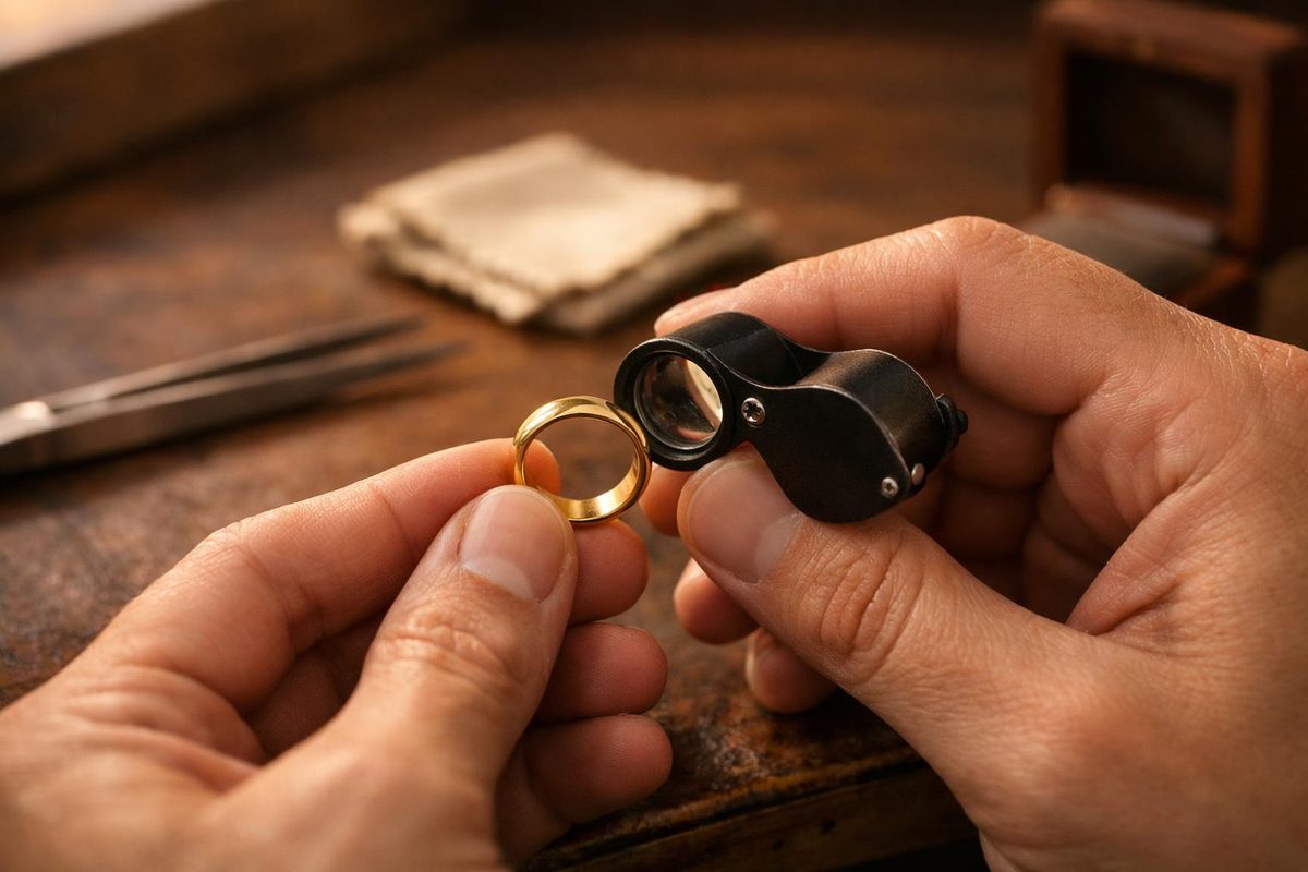A jeweler uses a loupe to examine the hallmarks inside a gold ring to decode what 750 means on gold