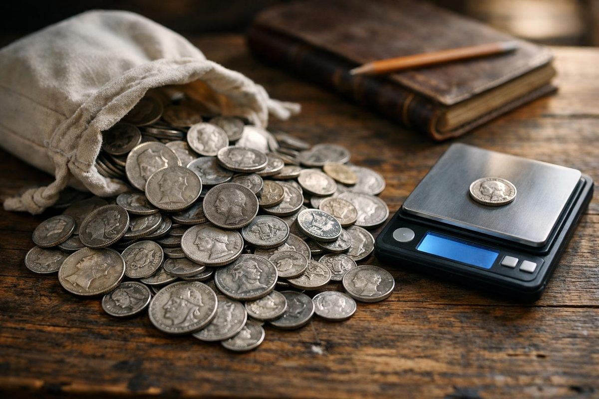 Pre-1965 US silver coins on a digital scale ready for a junk silver value calculator check