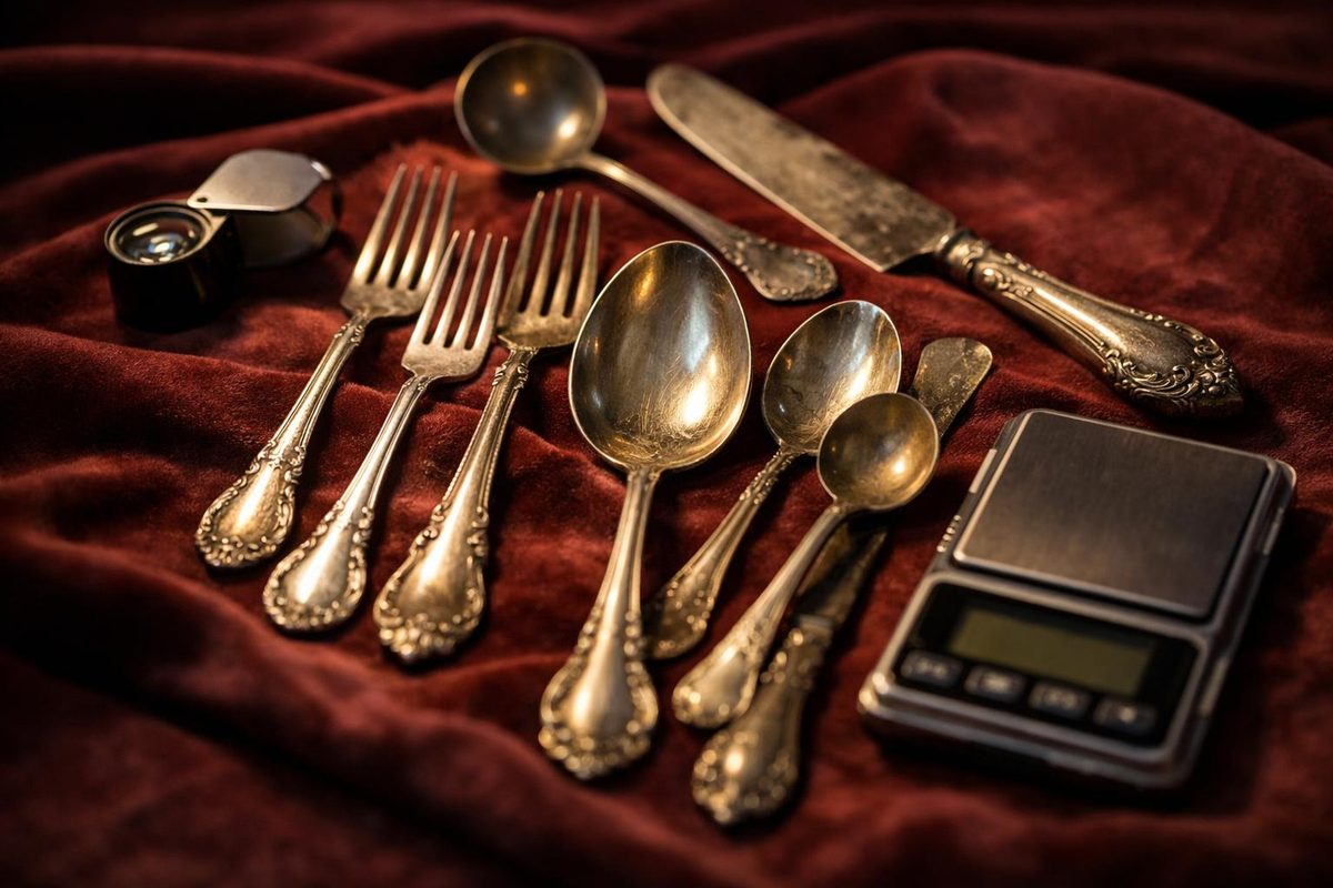 Antique sterling silverware arranged on velvet for appraising scrap silverware value