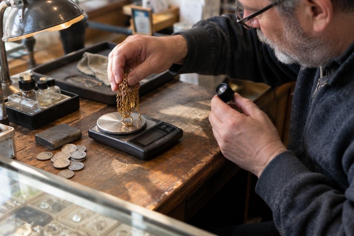 Weighing gold chains on a jewelry scale with a loupe and acid test kit, the checks behind Metal Calcs tools