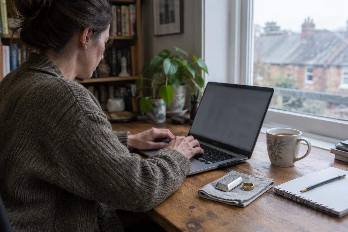 Person typing a question to Metal Calcs on a laptop beside a small silver bar and a gold ring